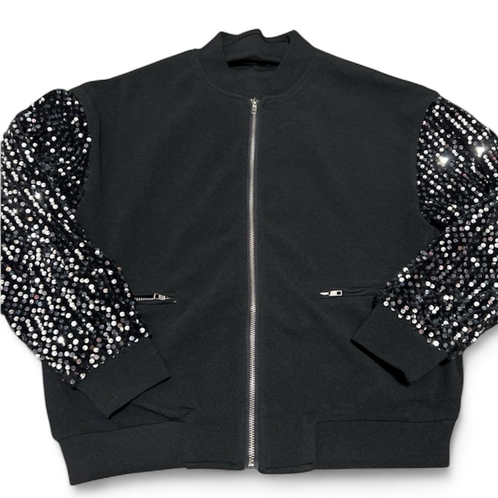 Black Sequin Long Sleeve Bomber Zip-Up Jacket - Picture 1 of 3